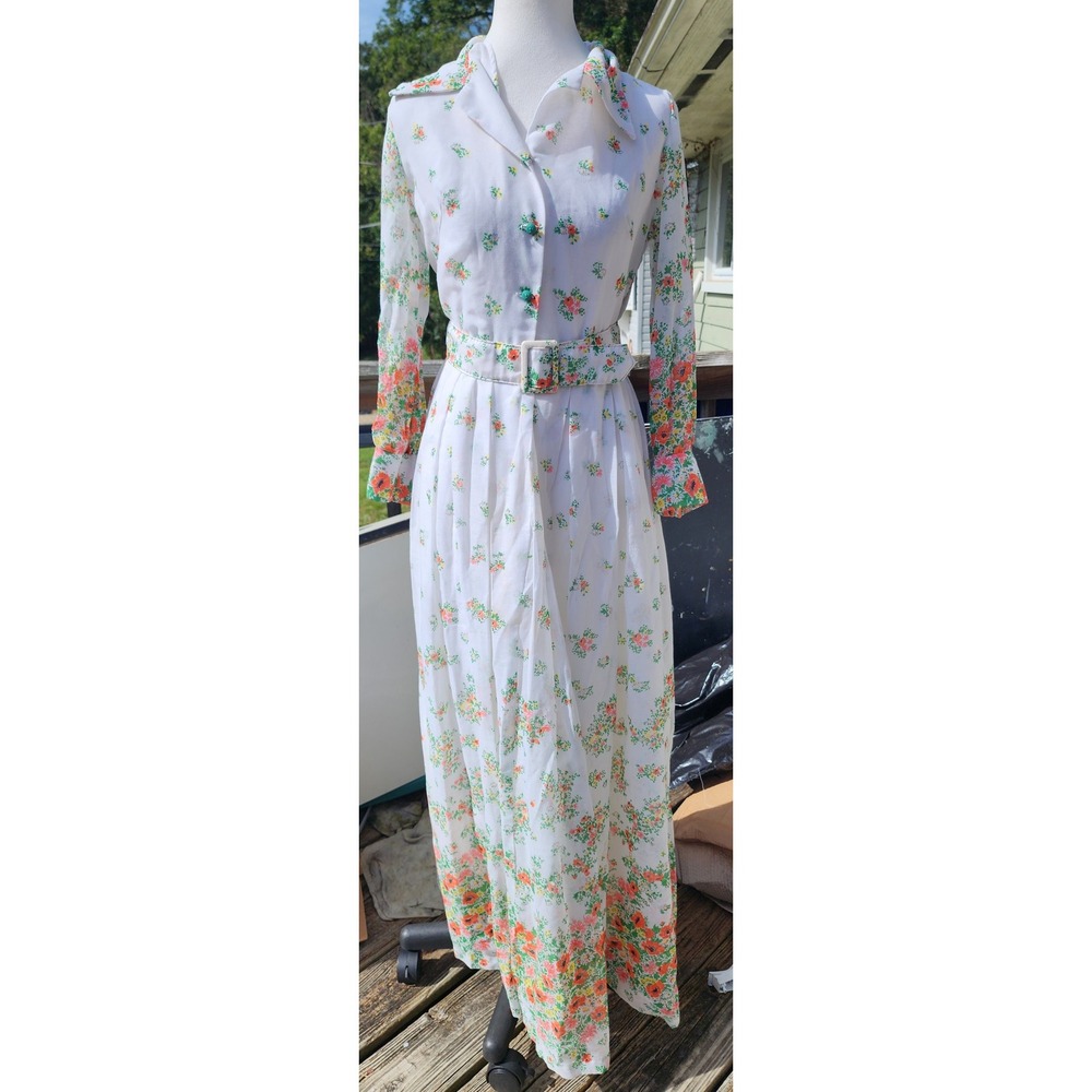 Vintage 70s Floral Maxi Dress White Orange Green Belted Long Sleeve Size 8 READ